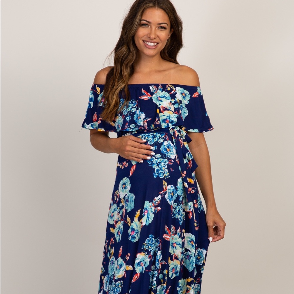 Navy blue floral off-the-shoulder maxi dress